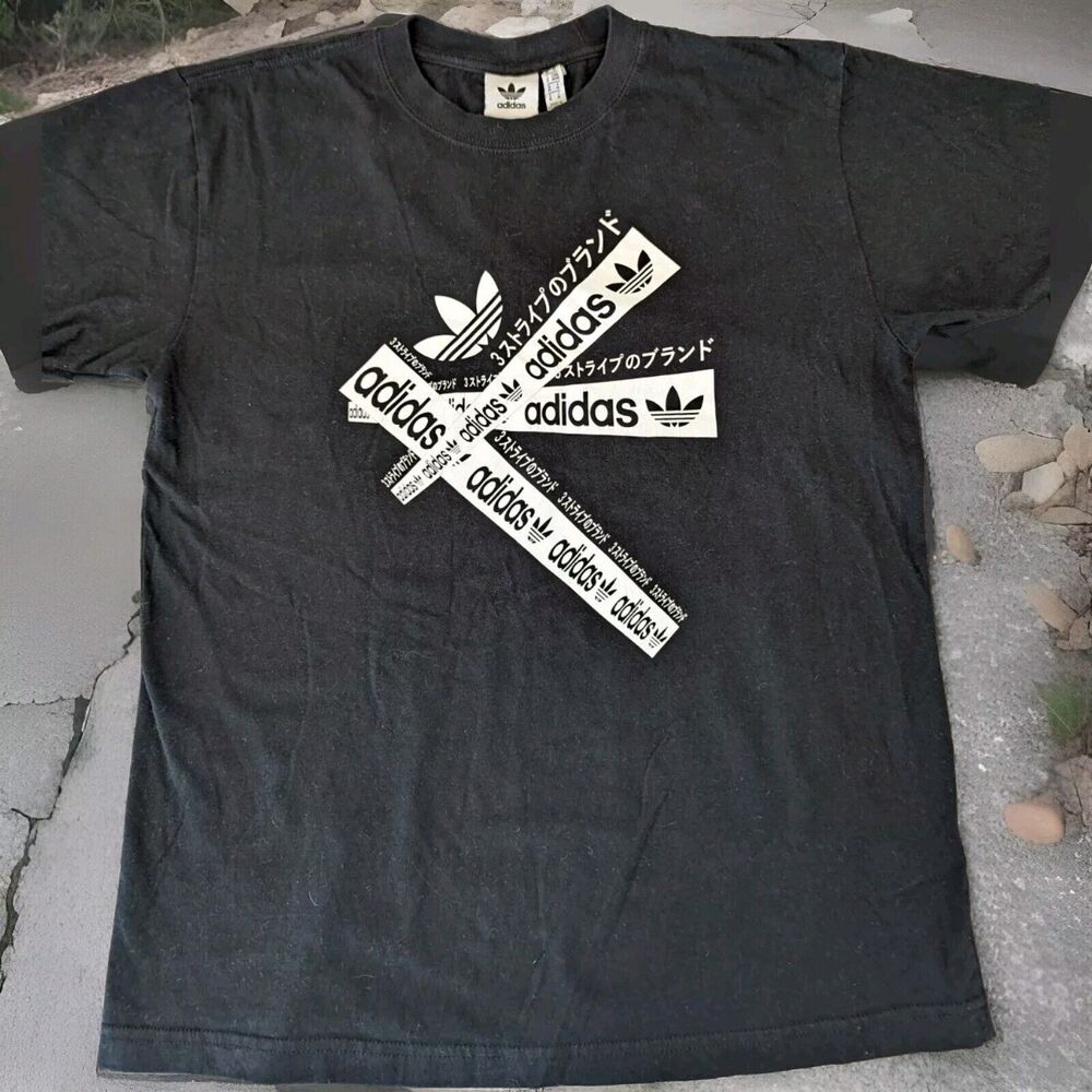 Adidas Taped Black Japanese Writing 100% Cotton Tee Size M